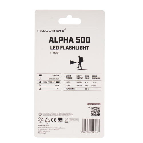 Falcon Eye - Latarka ręczna Alpha 500 - Strobe - Focus - 500 lm - Czarna - FHH0121