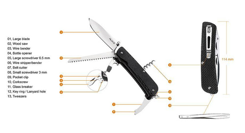 Ruike - Multifunktionstaschenmesser - 13 Werkzeuge - Schwarz - LD32-B
