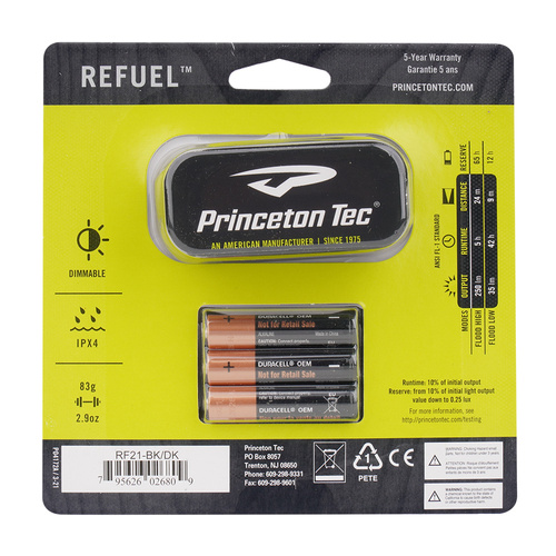 Princeton Tec - Stirnlampe Flashlight Refuel - 250 lm - Schwarz - RF21-BK/DK